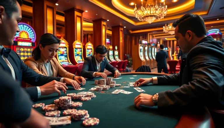 Professional players compete at a poker table at Nhà cái 32Win casino, surrounded by flashing slot machines.