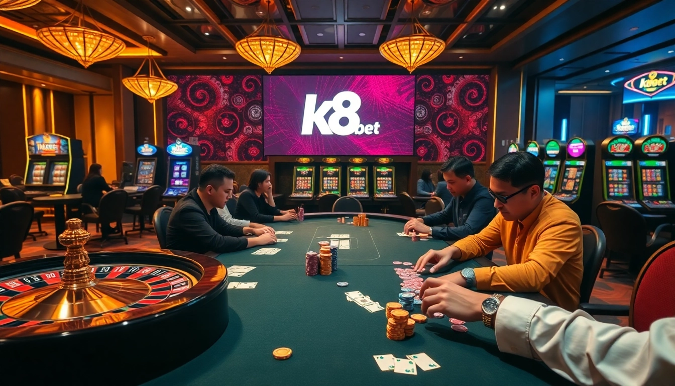 Engage with the excitement of k8bet vn in a vibrant casino environment featuring poker tables and roulette wheels.