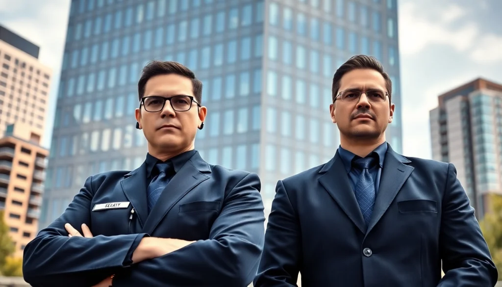 Private security guards standing vigilantly in front of an office building, ensuring safety.