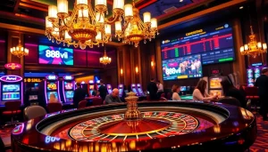 Experience thrilling gameplay at 888vi's luxurious casino with poker chips and roulette tables.