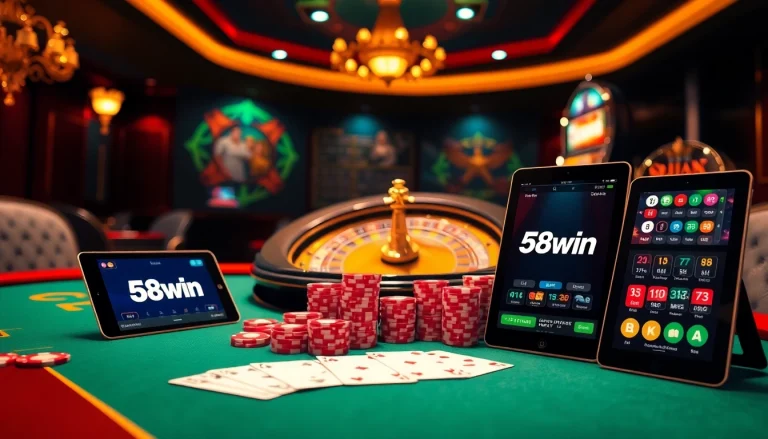 Engage in thrilling online gambling at 58win with luxurious casino elements like cards, chips, and a roulette wheel.