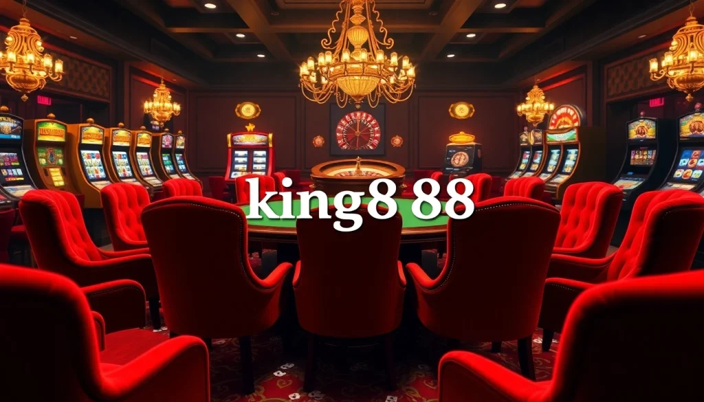 Gambling excitement at king888 with vibrant slot machines and a stylish poker table.