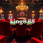 Gambling excitement at king888 with vibrant slot machines and a stylish poker table.