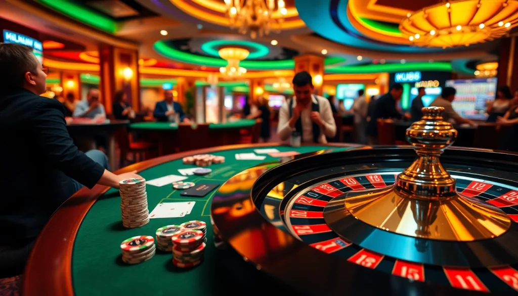 Engage in a thrilling game at ku88 casino, showcasing rich poker chips and an exciting roulette wheel.