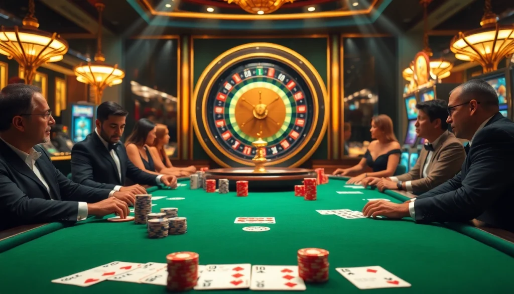 Gambling excitement at https://s8limited.com/ with vibrant casino tables, chips, and roulette wheel.