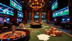 Tỷ lệ bóng đá trực tuyến displayed in a luxury casino setting with football betting screens and poker chips.