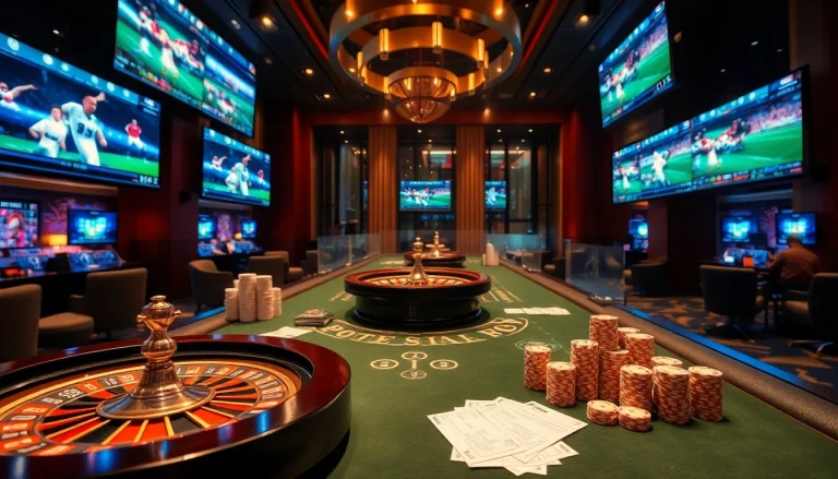 Tỷ lệ bóng đá trực tuyến displayed in a luxury casino setting with football betting screens and poker chips.