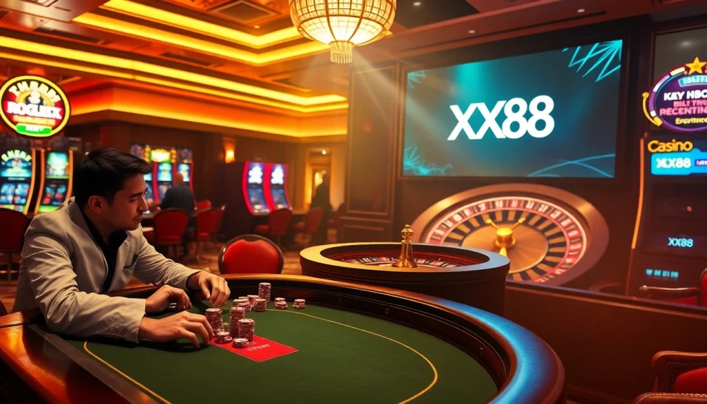 Engaging players at the XX88 poker table in a luxurious casino setting, showcasing high-stakes excitement.
