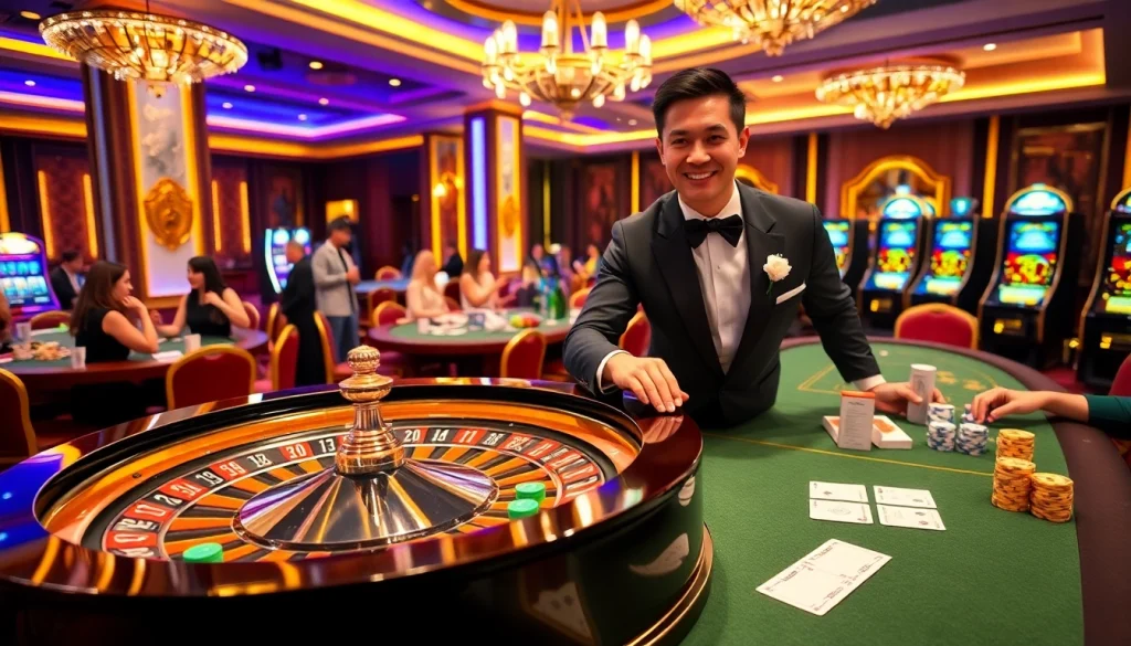 Experience the thrill of gambling at vt88 with a vibrant casino scene featuring roulette, chips, and excited players.