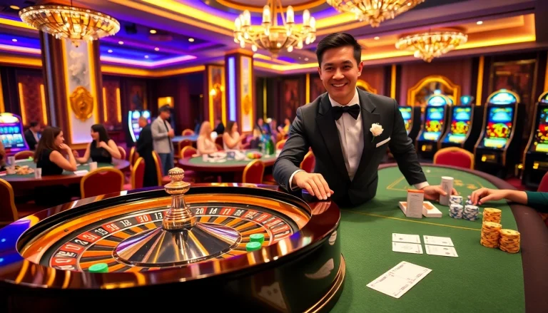 Experience the thrill of gambling at vt88 with a vibrant casino scene featuring roulette, chips, and excited players.