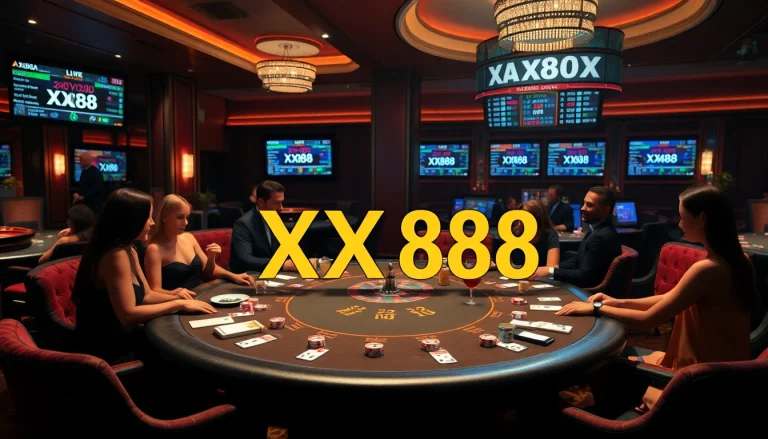Players enjoying a high-stakes poker game at XX88 casino, featuring luxury décor and vibrant gameplay.