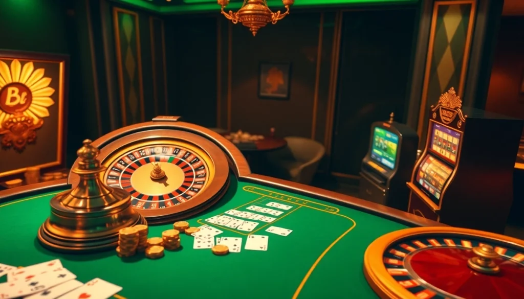 Experience thrilling online gambling at bl555.locker with a luxury casino scene featuring tables and slot machines.