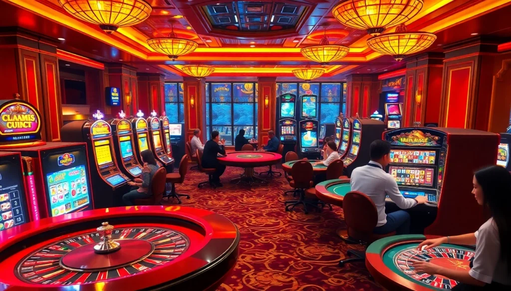 Gamblers enjoying various games in a luxurious casino setting at https://bet168.me/ with vibrant slot machines.