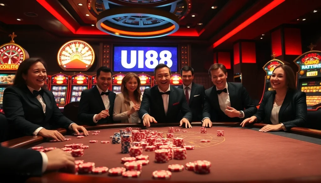 UU88 players engaging at a luxurious casino table with vibrant chips and slot machines in the background.