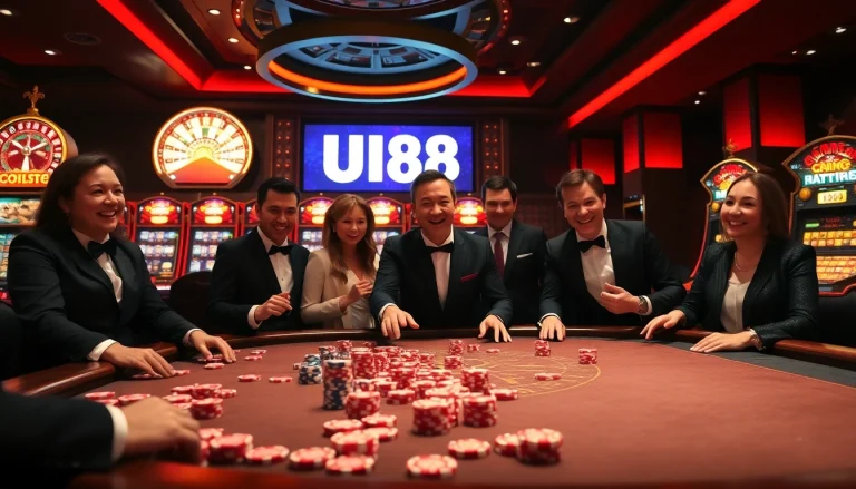 UU88 players engaging at a luxurious casino table with vibrant chips and slot machines in the background.