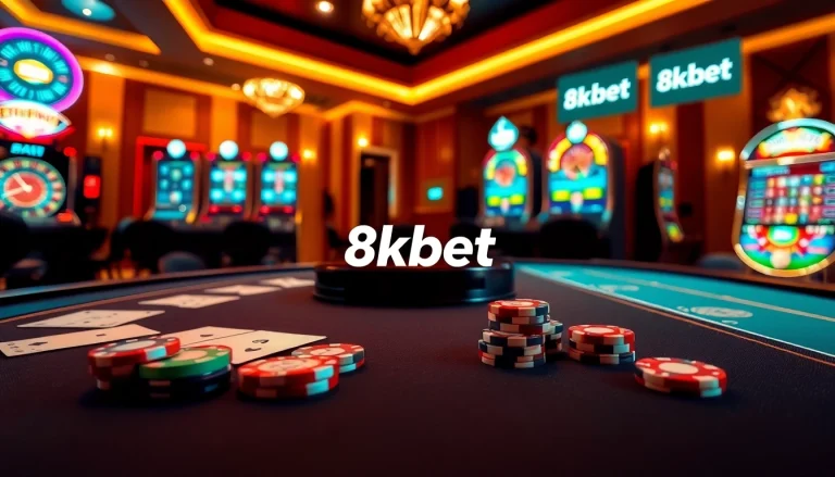 Exciting gambling scene showcasing 8kbet poker table with vibrant chips and cards.