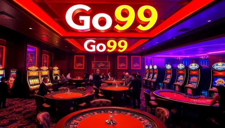 Go99 casino scene featuring luxurious tables, vibrant slot machines, and engaging players.