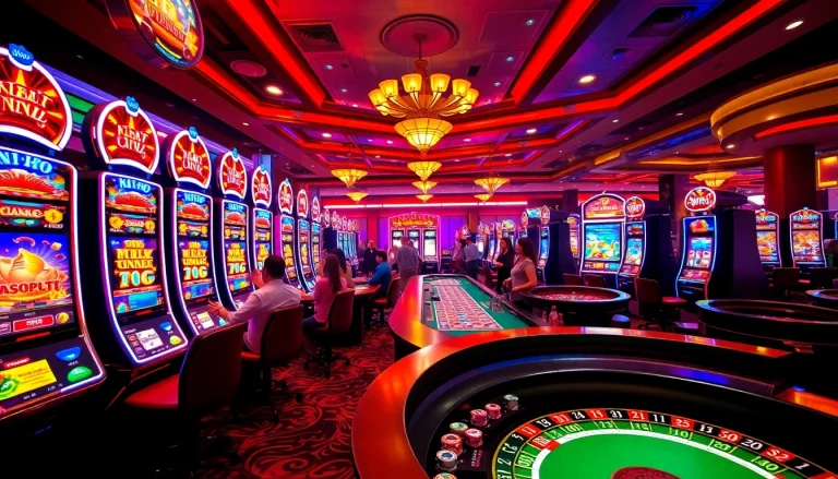 Players celebrating a nổ hũ jackpot at vibrant slot machines in a luxurious casino setting.