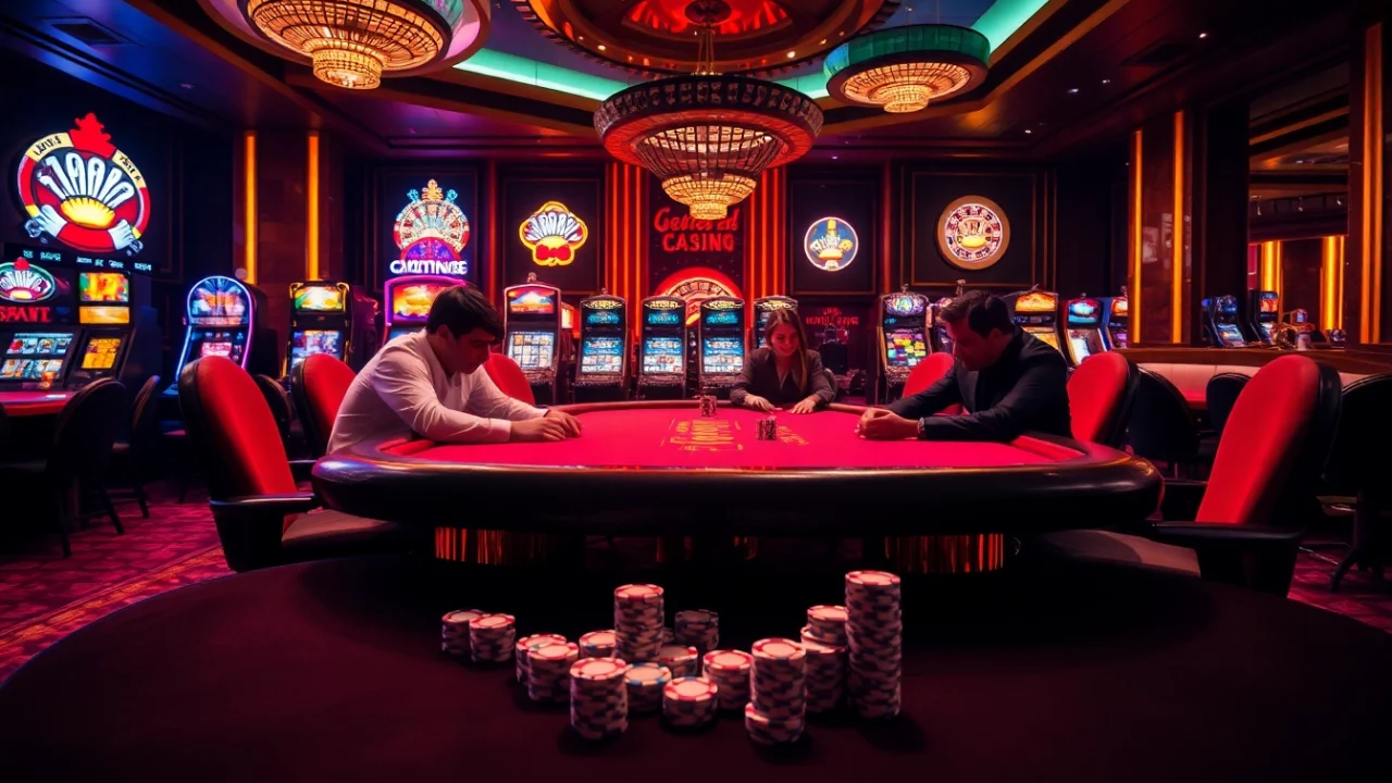 A high-stakes poker table scene at a casino, showcasing excitement and strategy linked to https://777vip.dev/.