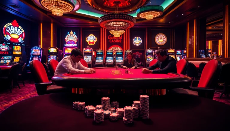A high-stakes poker table scene at a casino, showcasing excitement and strategy linked to https://777vip.dev/.