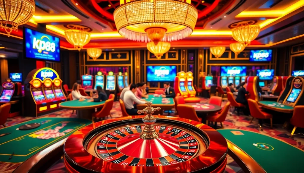 KP88 casino players enjoying high-stakes games at vibrant tables with poker chips.