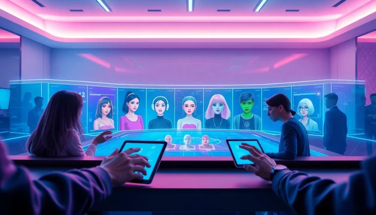 Engaging NSFW character AI interaction with colorful avatars in a futuristic digital landscape.