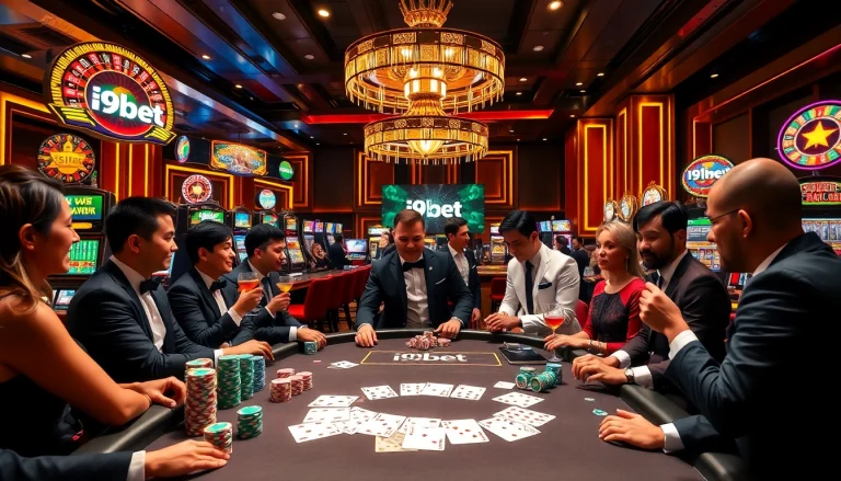 Experience thrilling games at i9bet's luxury casino with poker tables, vibrant slot machines, and excited players.
