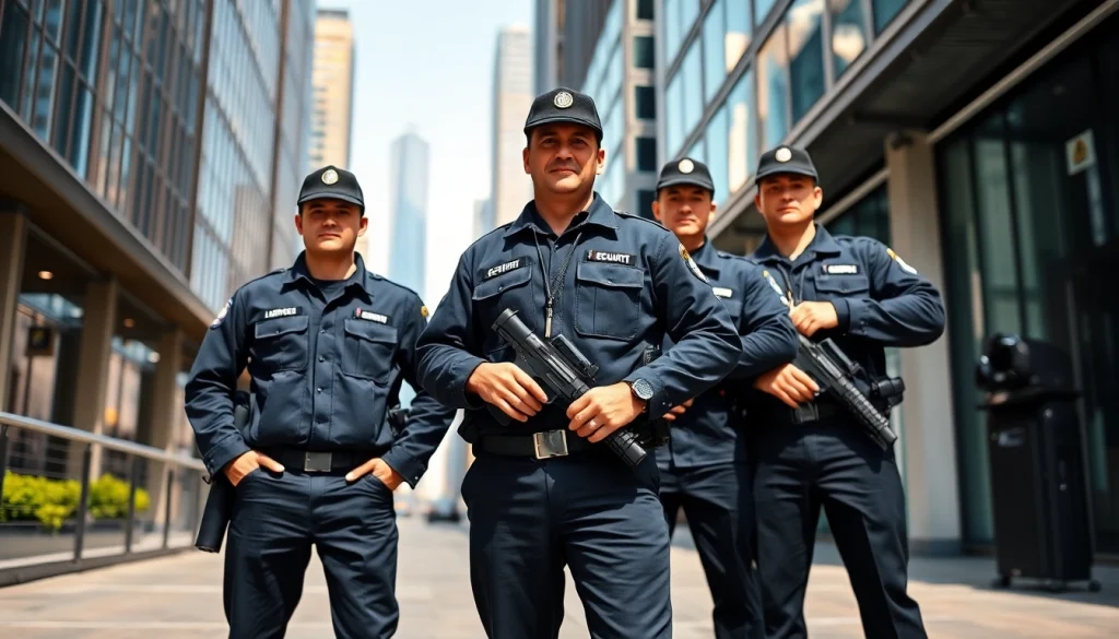 Private security guards confidently monitoring an urban environment for safety and security.