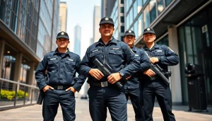 Private security guards confidently monitoring an urban environment for safety and security.