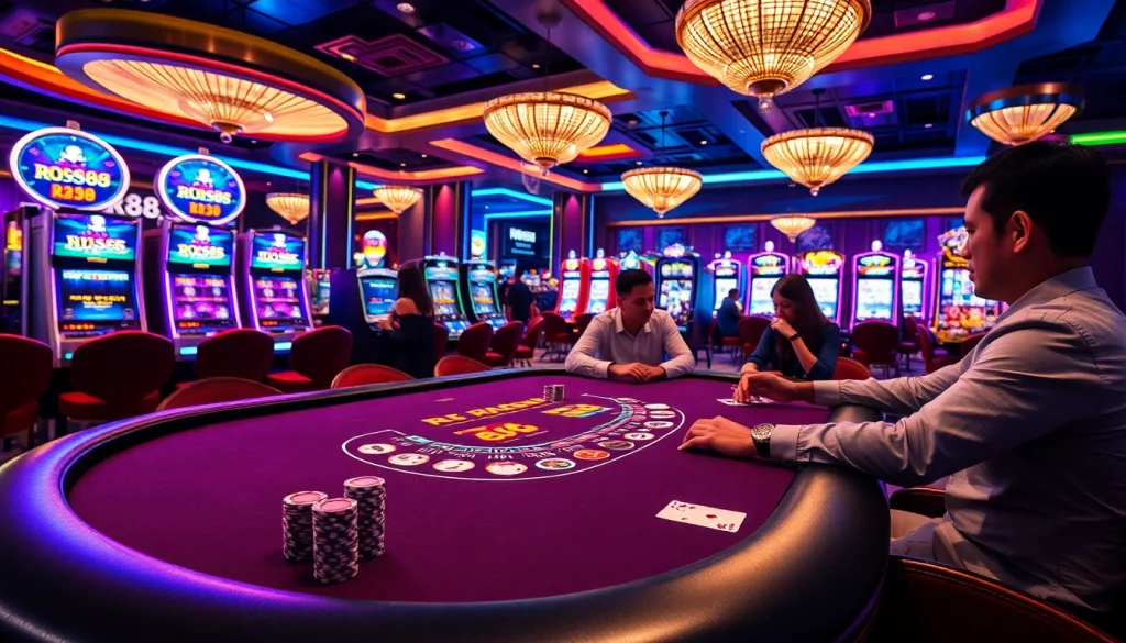 Players at a vibrant RR88 blackjack table enjoy the thrill of high-stakes gambling surrounded by slot machines.