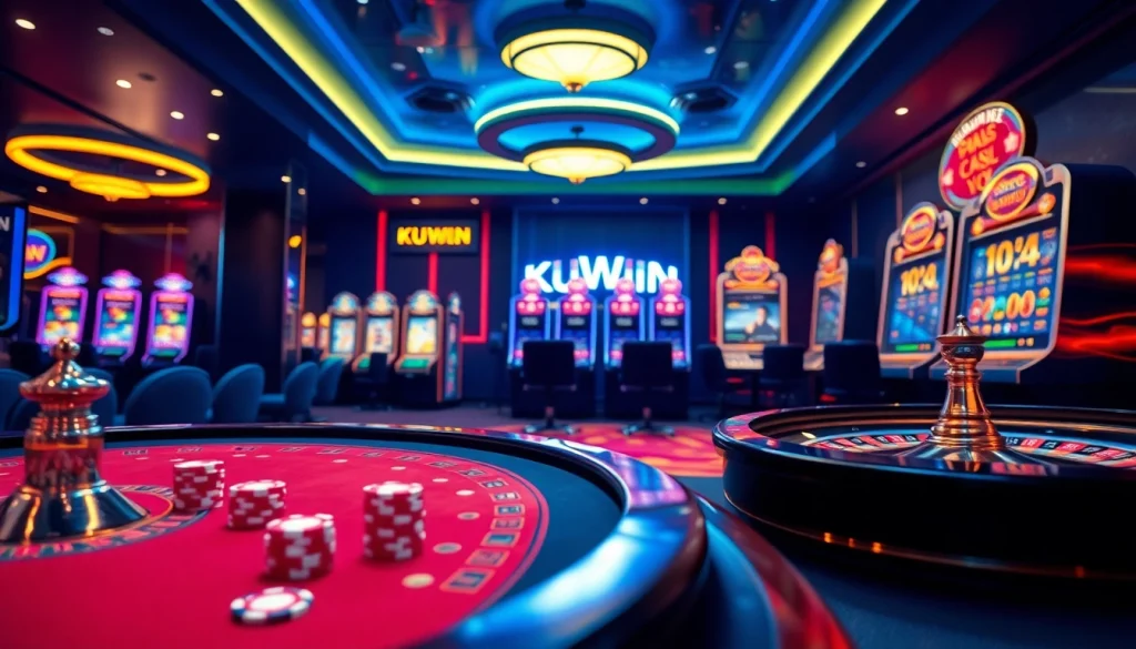 Experience the excitement of KUWIN with vibrant casino gaming tables, dynamic slot machines, and poker chips.