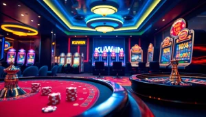 Experience the excitement of KUWIN with vibrant casino gaming tables, dynamic slot machines, and poker chips.