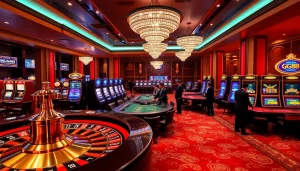 Players enjoying exciting games at GG88 casino with vibrant slot machines and roulette tables.