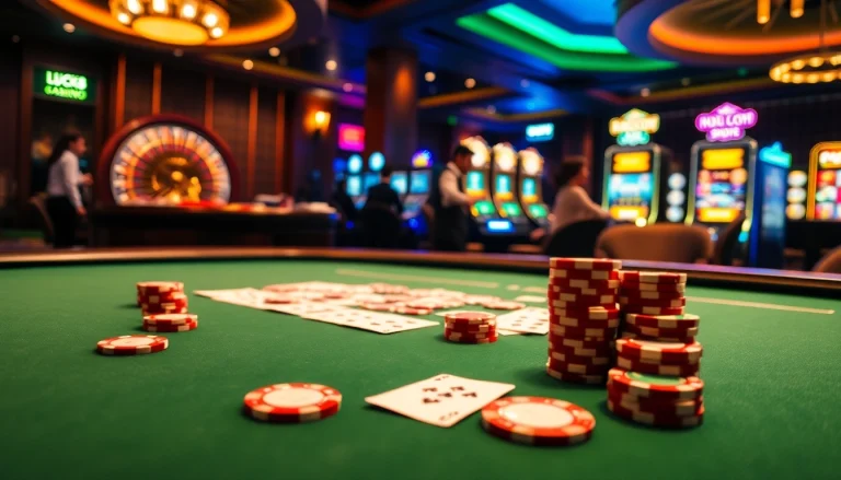 Gamblers enjoy a thrilling game at Luck8's luxurious casino table with shiny poker chips.