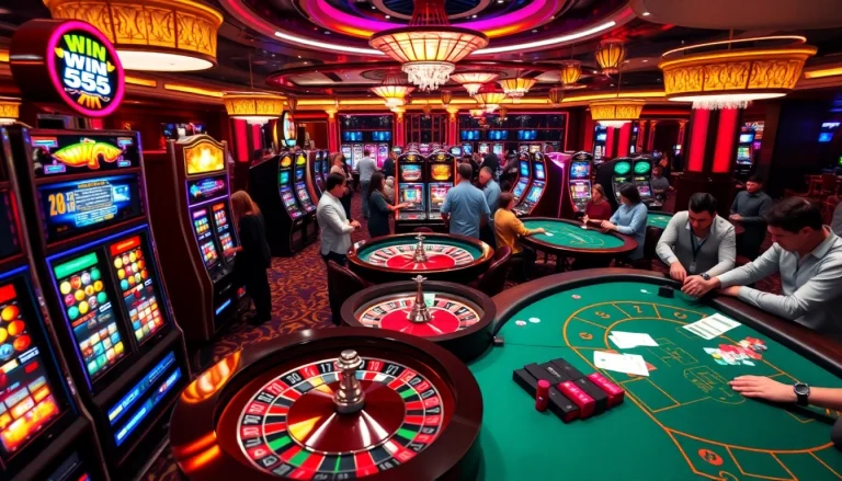 Win 55 showcasing lively casino excitement with poker tables and slot machines in action.
