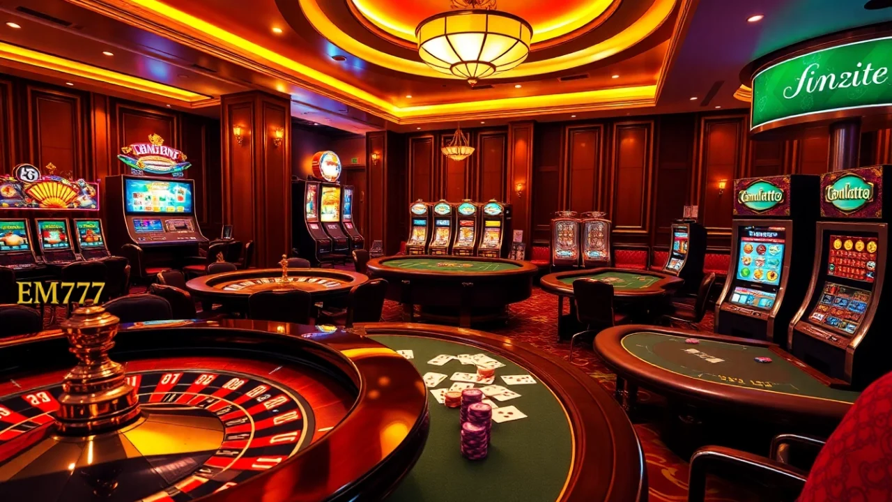 Experience thrilling gameplay on https://em777.live/ with an exciting casino scene featuring roulette and slots.