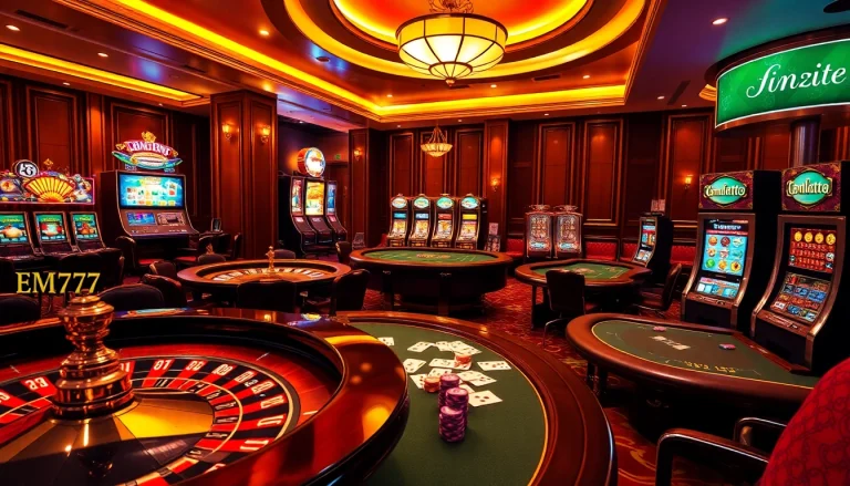 Experience thrilling gameplay on https://em777.live/ with an exciting casino scene featuring roulette and slots.