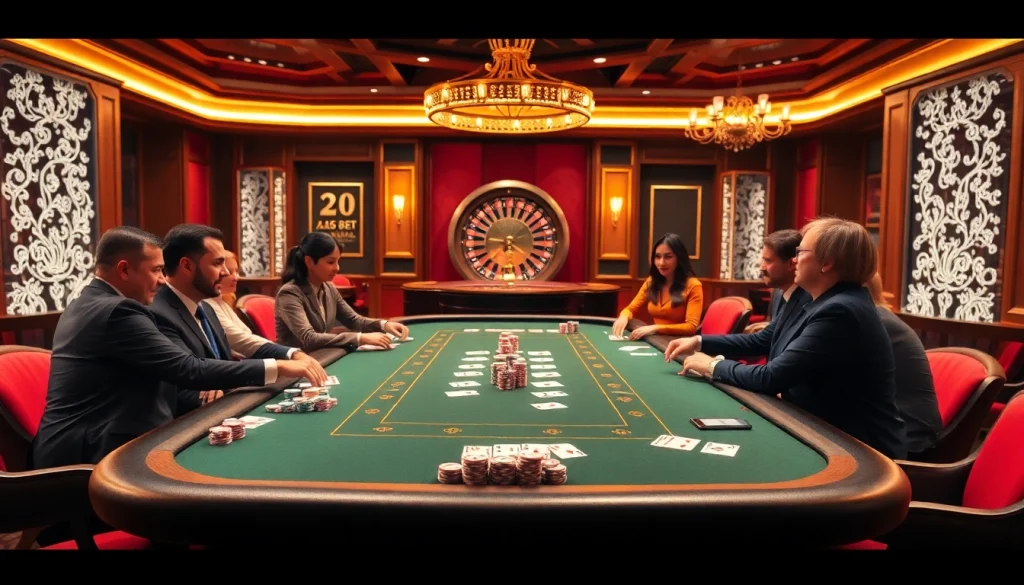 Experience the excitement of THA BET at a vibrant casino poker table with players and action-packed atmosphere.