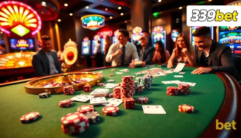 Casino excitement with players enjoying games and vibrant slot machines at 39bet.