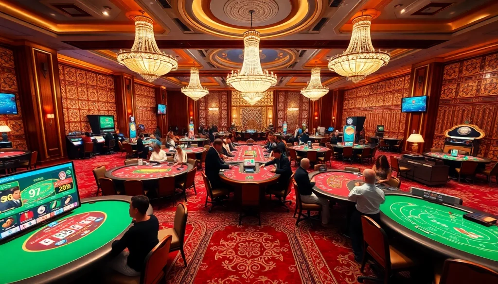 Dynamic gaming scene at nhà cái sun win, featuring players enjoying poker and baccarat in a luxurious casino environment.