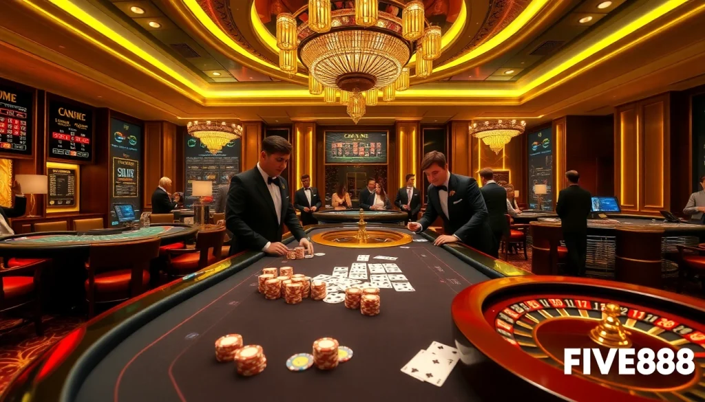 Players enjoying the excitement at nhà cái FIVE88's luxurious casino, featuring poker and roulette.