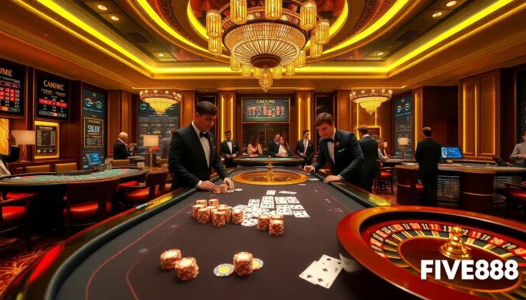 Players enjoying the excitement at nhà cái FIVE88's luxurious casino, featuring poker and roulette.