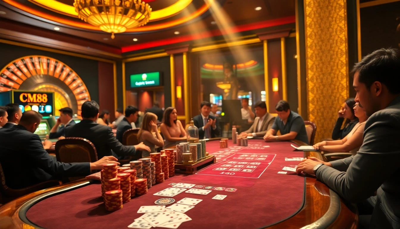 Play exciting casino games at the CM88 slot machine surrounded by poker action and roulette.