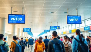 VN168 flight information at a vibrant Vietnam Airlines airport terminal with diverse travelers.