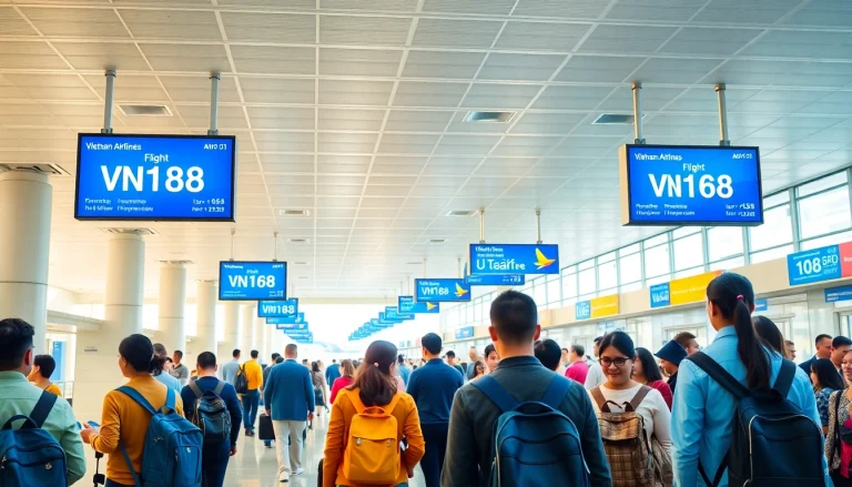 VN168 flight information at a vibrant Vietnam Airlines airport terminal with diverse travelers.