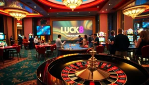 Người chơi thưởng thức roulette tại một casino LUCK8 đầy sống động, thể hiện sự phấn khích và sang trọng.