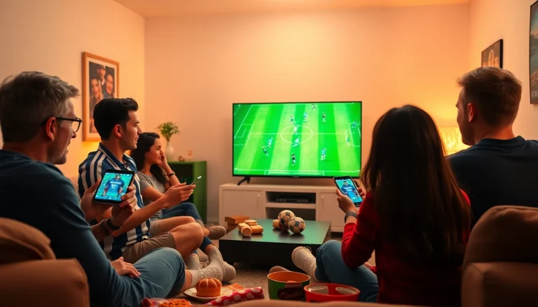 Excited fans enjoying football on multiple devices, celebrating live matches via https://vaoluoitv.it.com.
