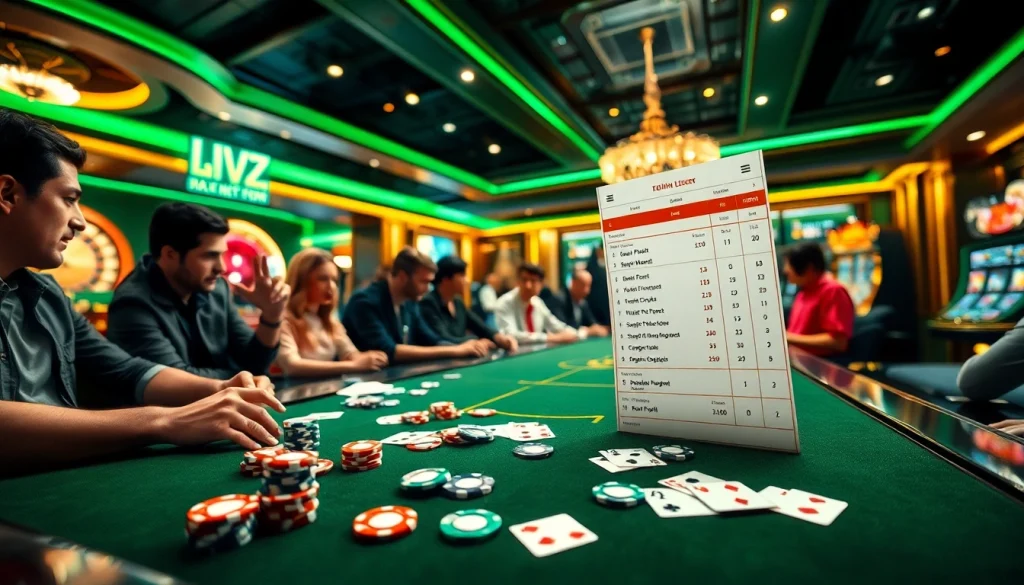 Engaged players reviewing tỷ lệ cá cược bóng đá in a vibrant casino betting scene.