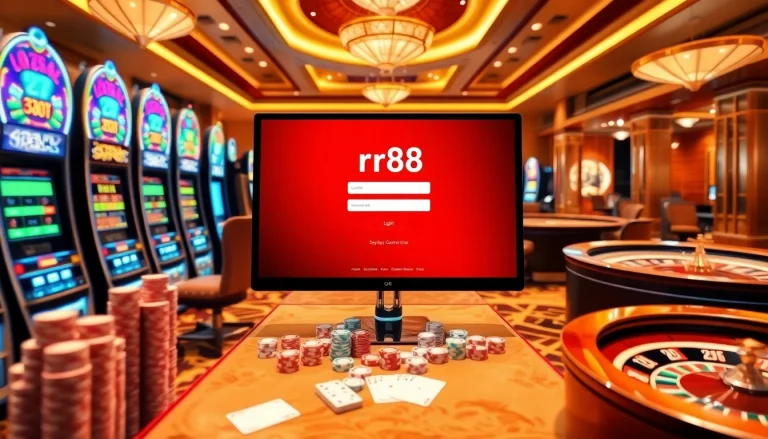 rr88 đăng nhập interface on a luxurious casino background with slot machines and poker tables.