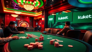 Kubet casino table with players engaging in a thrilling poker game, showcasing chips and cards.